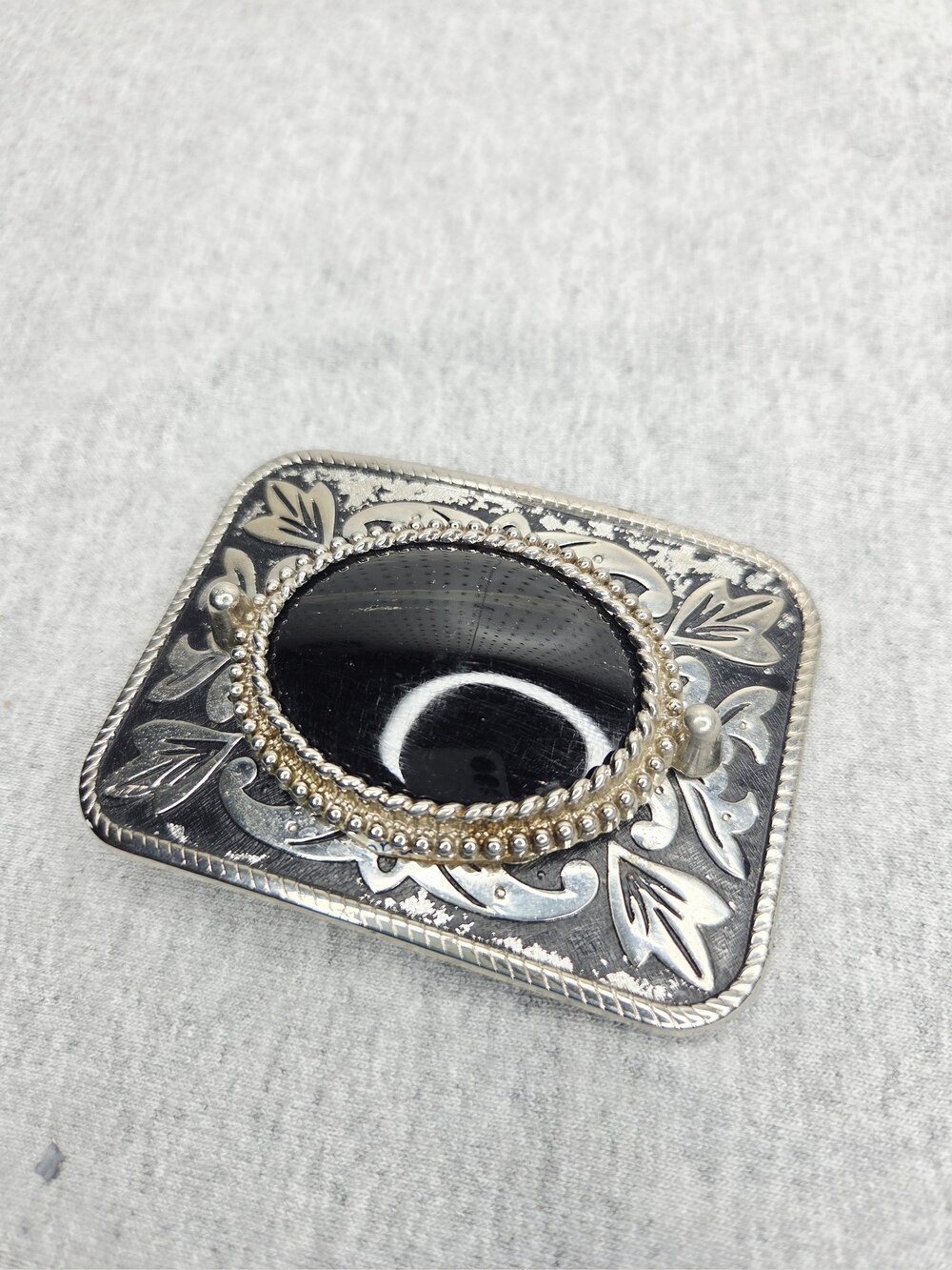 Vintage Black Onyx Cabochon Silver Belt Buckle